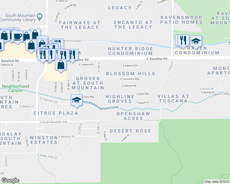 map of restaurants, bars, coffee shops, grocery stores, and more near 2907 East Gary Way in Phoenix