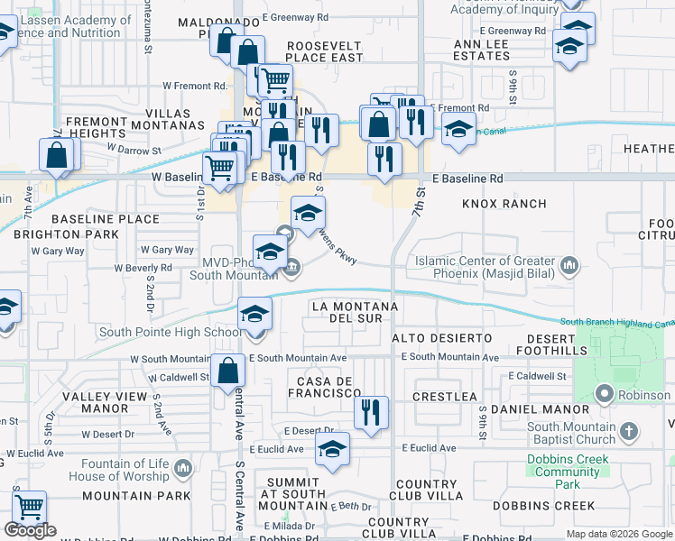 map of restaurants, bars, coffee shops, grocery stores, and more near 8008 South Jesse Owens Parkway in Phoenix