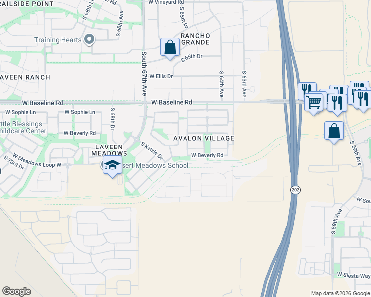 map of restaurants, bars, coffee shops, grocery stores, and more near 6444 West Beverly Road in Phoenix