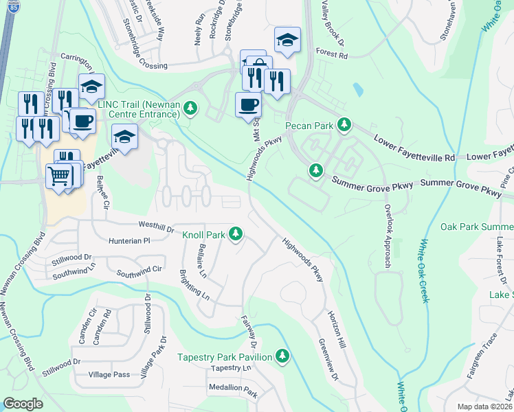 map of restaurants, bars, coffee shops, grocery stores, and more near 153 Highwoods Parkway in Newnan