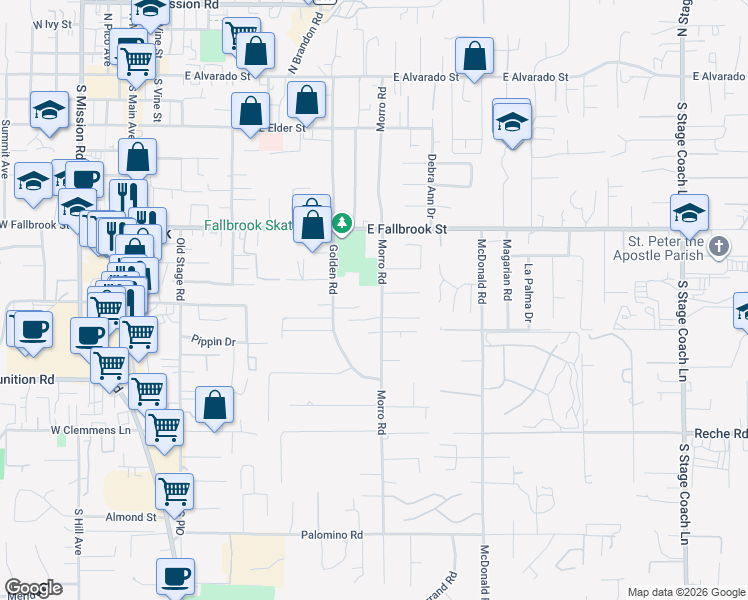 map of restaurants, bars, coffee shops, grocery stores, and more near 827 Morro Road in Fallbrook