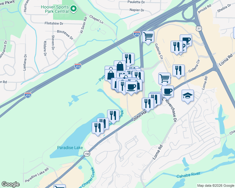 map of restaurants, bars, coffee shops, grocery stores, and more near 4421 Creekside Avenue in Hoover
