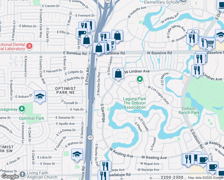 map of restaurants, bars, coffee shops, grocery stores, and more near 2246 South Las Flores in Mesa