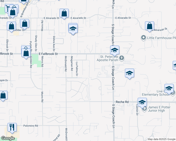 map of restaurants, bars, coffee shops, grocery stores, and more near 835 El Caminito Road in Fallbrook