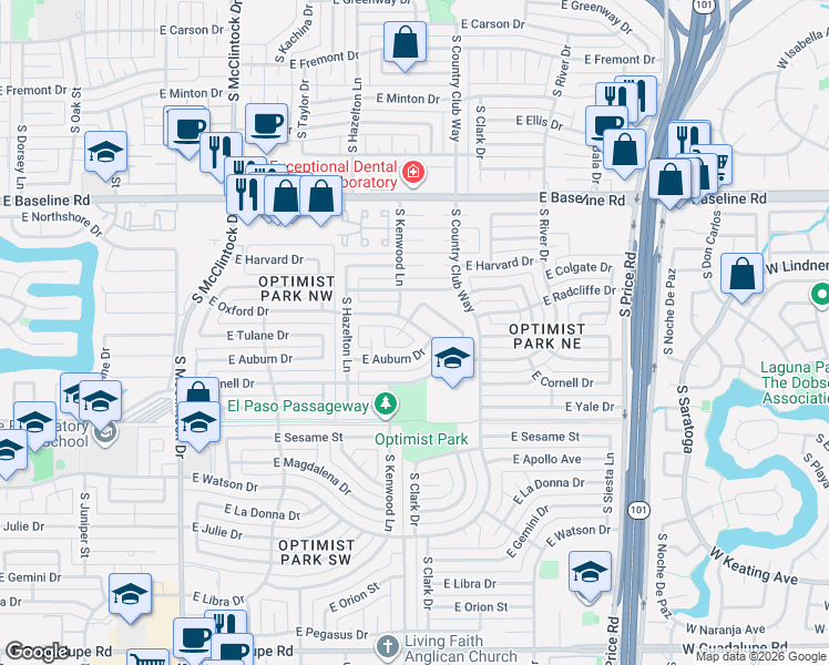 map of restaurants, bars, coffee shops, grocery stores, and more near 1973 East Auburn Drive in Tempe