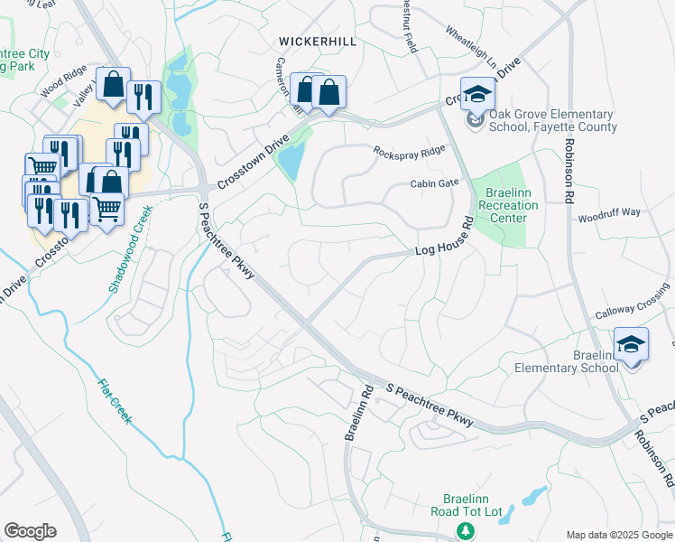 map of restaurants, bars, coffee shops, grocery stores, and more near 202 Meadow Run in Peachtree City