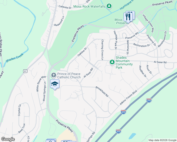 map of restaurants, bars, coffee shops, grocery stores, and more near 1102 Al Seier Road in Hoover