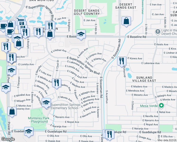 map of restaurants, bars, coffee shops, grocery stores, and more near 2243 South 75th Street in Mesa
