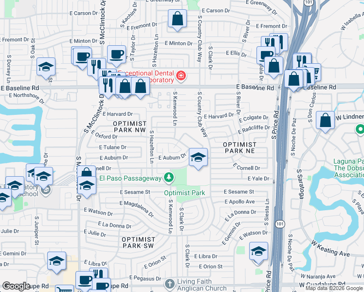 map of restaurants, bars, coffee shops, grocery stores, and more near 1973 East Auburn Drive in Tempe