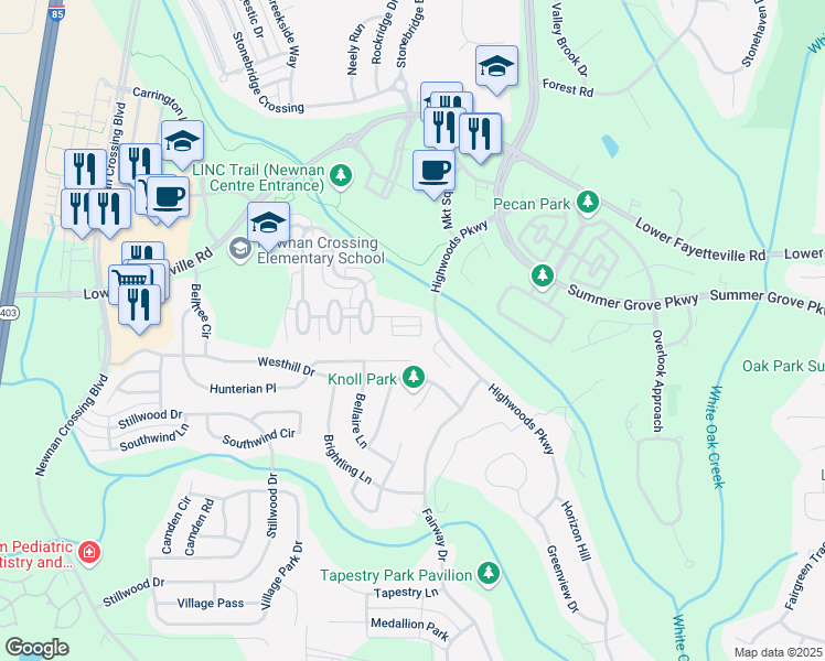 map of restaurants, bars, coffee shops, grocery stores, and more near 43 Ulsh Park Drive in Newnan