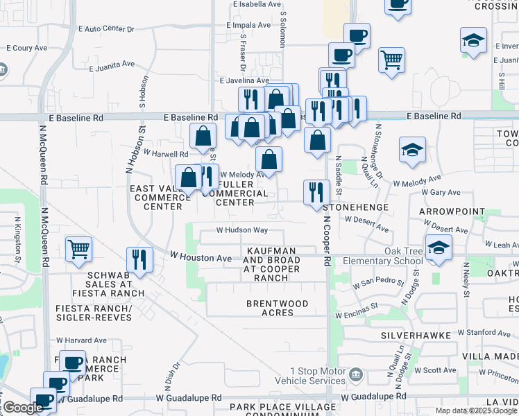 map of restaurants, bars, coffee shops, grocery stores, and more near 938 West Hudson Way in Gilbert