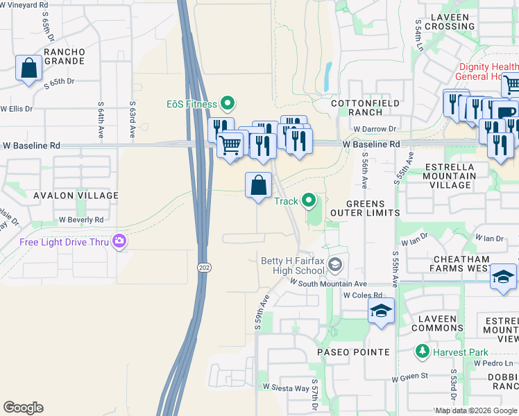 map of restaurants, bars, coffee shops, grocery stores, and more near 8188 South 59th Avenue in Phoenix