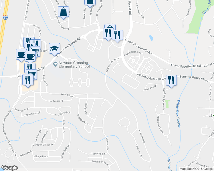 map of restaurants, bars, coffee shops, grocery stores, and more near 136 Highwoods Parkway in Newnan