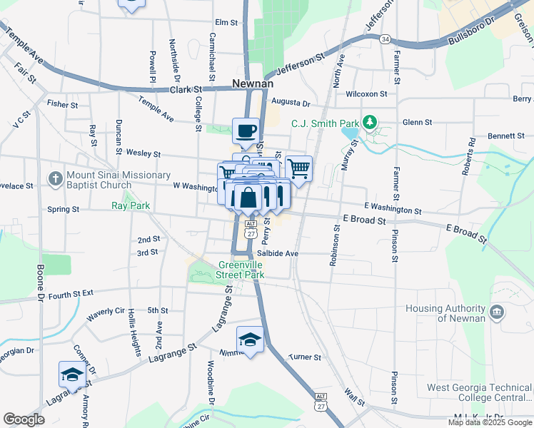 map of restaurants, bars, coffee shops, grocery stores, and more near 18 Jefferson Street in Newnan