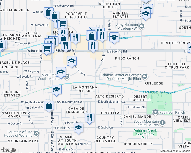 map of restaurants, bars, coffee shops, grocery stores, and more near South 7th Street in Phoenix