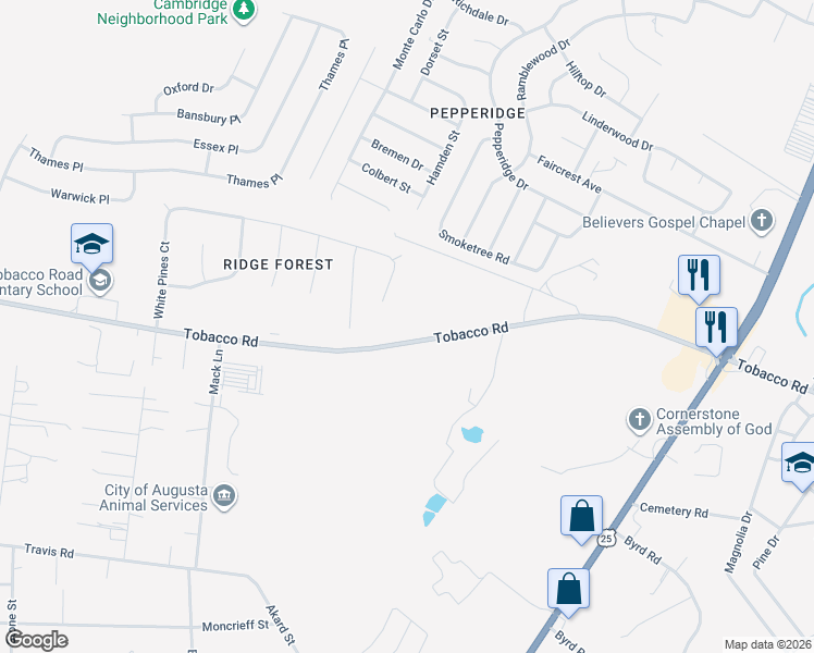 map of restaurants, bars, coffee shops, grocery stores, and more near 2341 Tobacco Road in Augusta