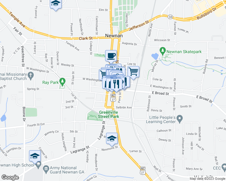 map of restaurants, bars, coffee shops, grocery stores, and more near 3 Jefferson Street in Newnan