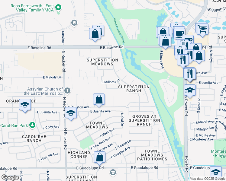 map of restaurants, bars, coffee shops, grocery stores, and more near 4313 East Desert Lane in Gilbert