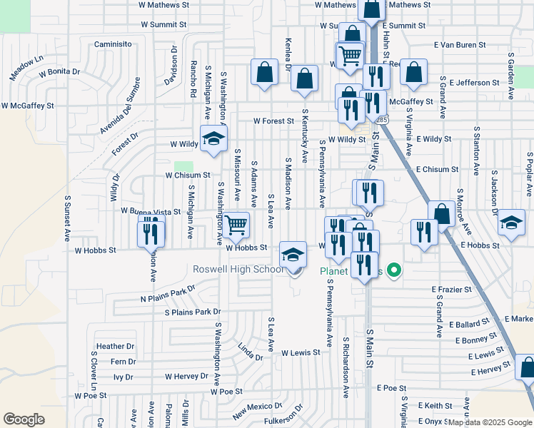 map of restaurants, bars, coffee shops, grocery stores, and more near 1600 South Lea Avenue in Roswell