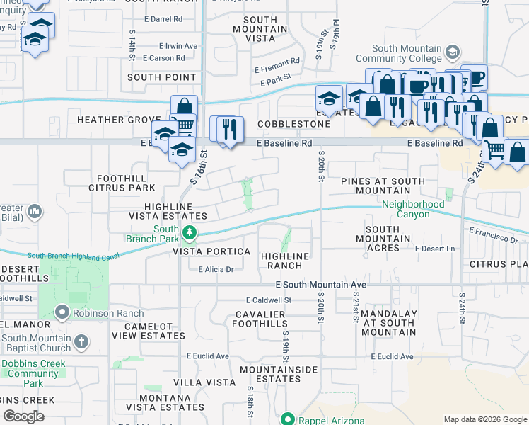 map of restaurants, bars, coffee shops, grocery stores, and more near 8010 South 18th Place in Phoenix