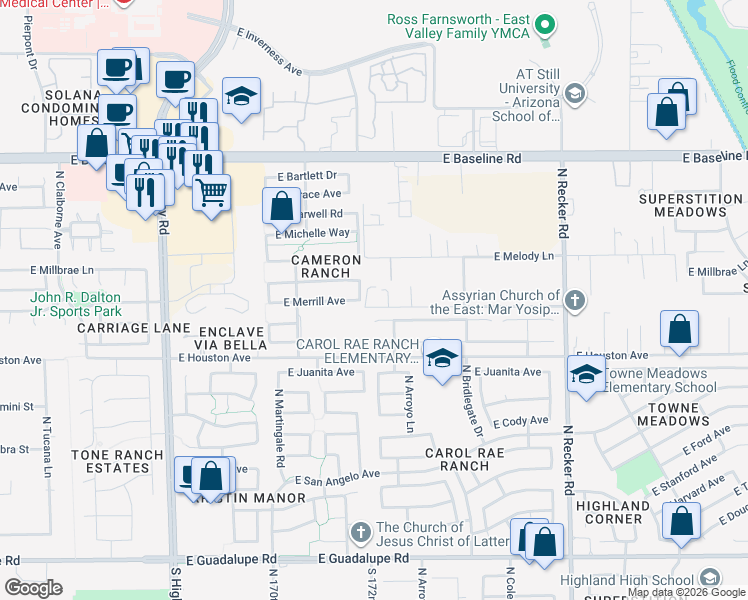 map of restaurants, bars, coffee shops, grocery stores, and more near 17206 East Desert Lane in Gilbert