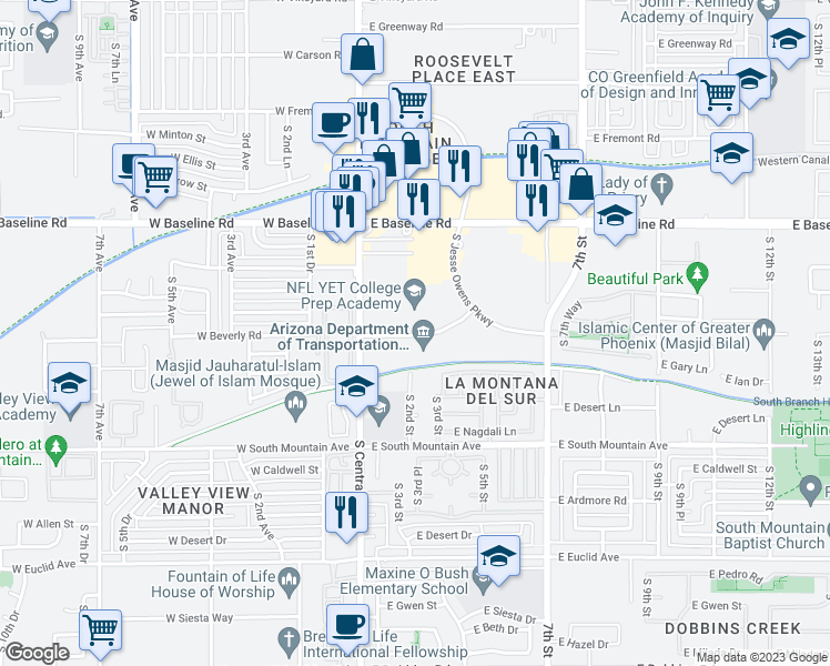 map of restaurants, bars, coffee shops, grocery stores, and more near 222 E Olympic Dr in Phoenix