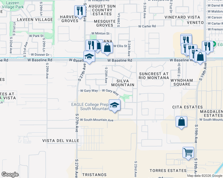 map of restaurants, bars, coffee shops, grocery stores, and more near 2418 West Gary Way in Phoenix