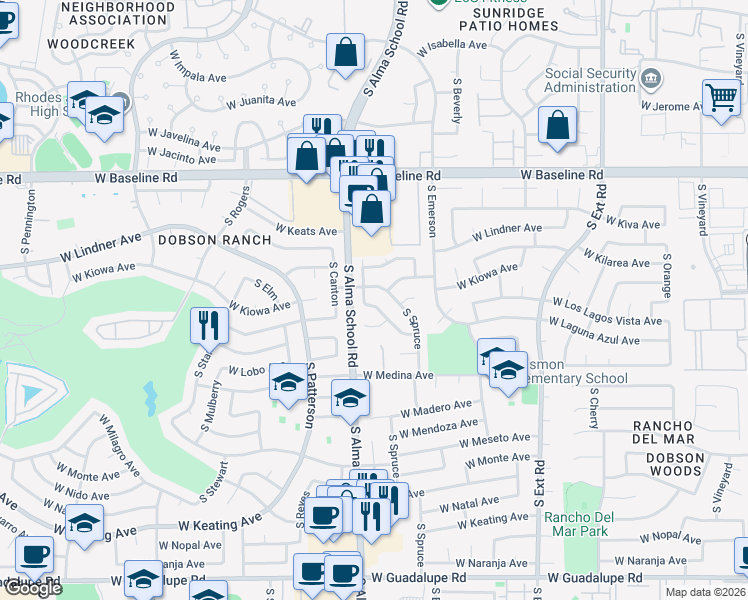 map of restaurants, bars, coffee shops, grocery stores, and more near 1113 West Los Lagos Vista Circle in Mesa