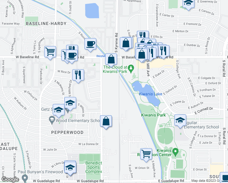 map of restaurants, bars, coffee shops, grocery stores, and more near 5333 South Kyrene Road in Tempe