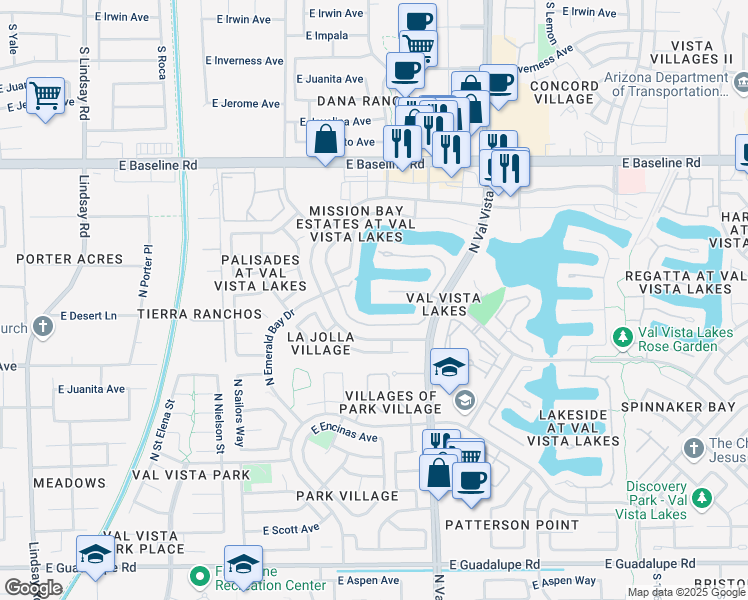 map of restaurants, bars, coffee shops, grocery stores, and more near 1312 East Treasure Cove Drive in Gilbert