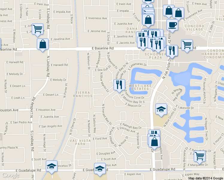 map of restaurants, bars, coffee shops, grocery stores, and more near 1326 East Parkside Drive in Gilbert