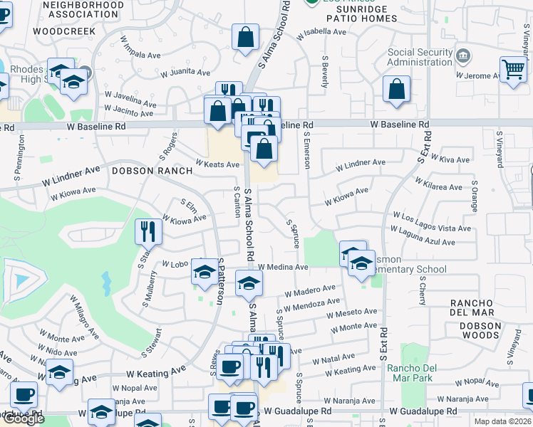 map of restaurants, bars, coffee shops, grocery stores, and more near 1113 West Los Lagos Vista Circle in Mesa