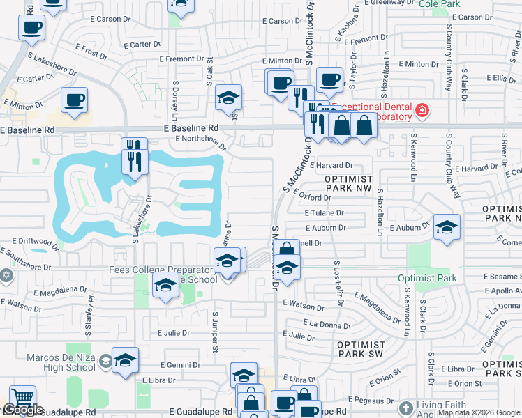 map of restaurants, bars, coffee shops, grocery stores, and more near 1632 East Candlestick Drive in Tempe