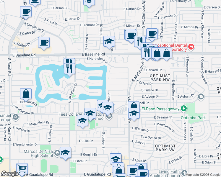 map of restaurants, bars, coffee shops, grocery stores, and more near 1518 East Candlestick Drive in Tempe