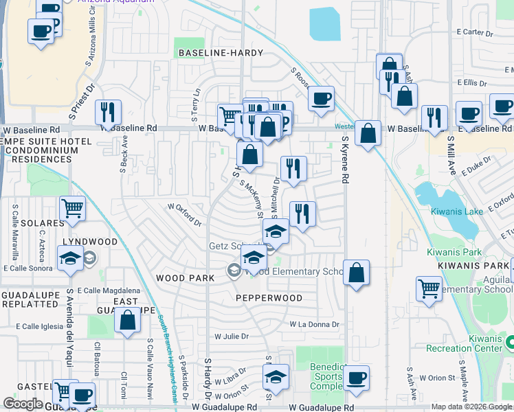 map of restaurants, bars, coffee shops, grocery stores, and more near 752 West Oxford Drive in Tempe