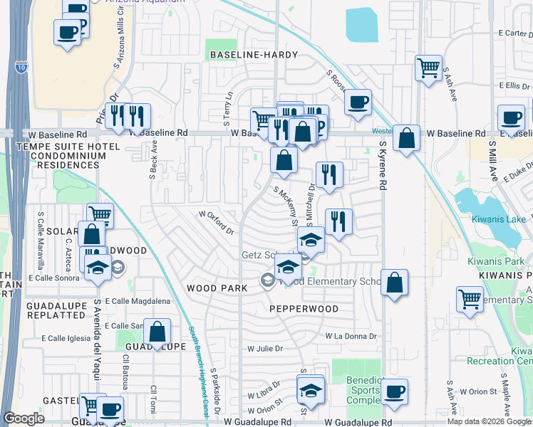 map of restaurants, bars, coffee shops, grocery stores, and more near 833 West Colgate Drive in Tempe