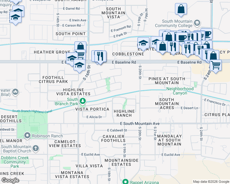 map of restaurants, bars, coffee shops, grocery stores, and more near 8010 South 18th Place in Phoenix