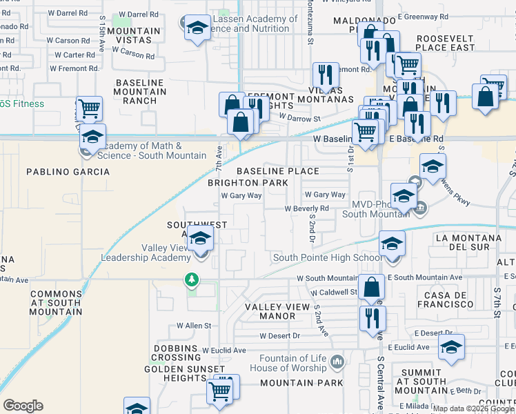 map of restaurants, bars, coffee shops, grocery stores, and more near 8013 South 5th Lane in Phoenix