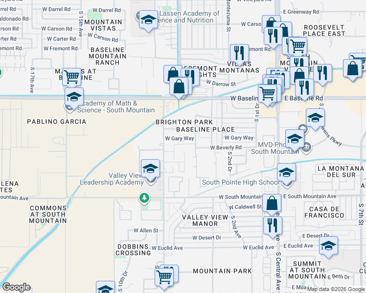 map of restaurants, bars, coffee shops, grocery stores, and more near 8013 South 5th Lane in Phoenix