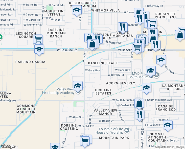 map of restaurants, bars, coffee shops, grocery stores, and more near 8013 South 5th Lane in Phoenix