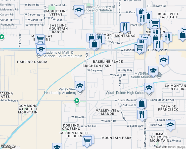 map of restaurants, bars, coffee shops, grocery stores, and more near 8013 South 5th Lane in Phoenix