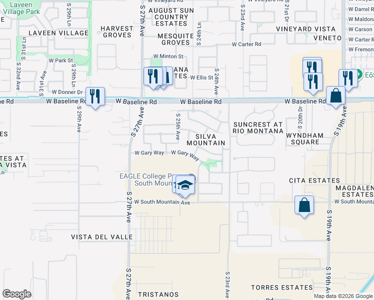 map of restaurants, bars, coffee shops, grocery stores, and more near 2418 West Gary Way in Phoenix