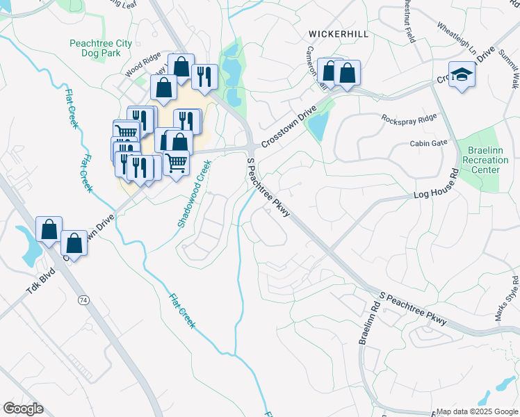 map of restaurants, bars, coffee shops, grocery stores, and more near 2113 Peachtree Station Circle in Peachtree City