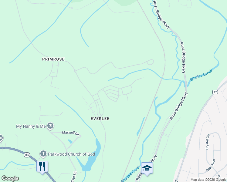 map of restaurants, bars, coffee shops, grocery stores, and more near 150 Maxwell Circle in Bessemer