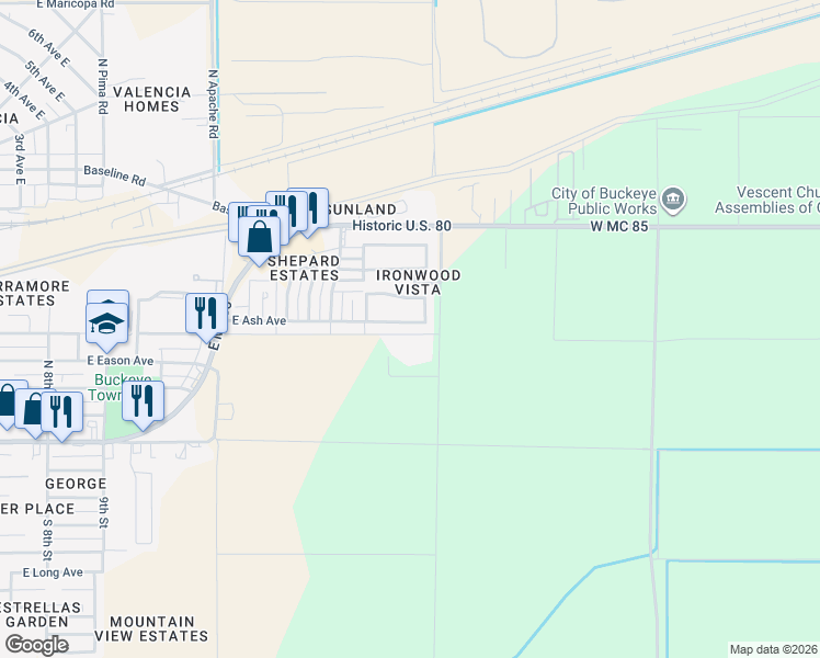 map of restaurants, bars, coffee shops, grocery stores, and more near 1633 East Ash Avenue in Buckeye