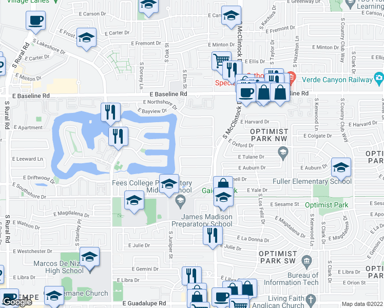 map of restaurants, bars, coffee shops, grocery stores, and more near 1518 East Candlestick Drive in Tempe