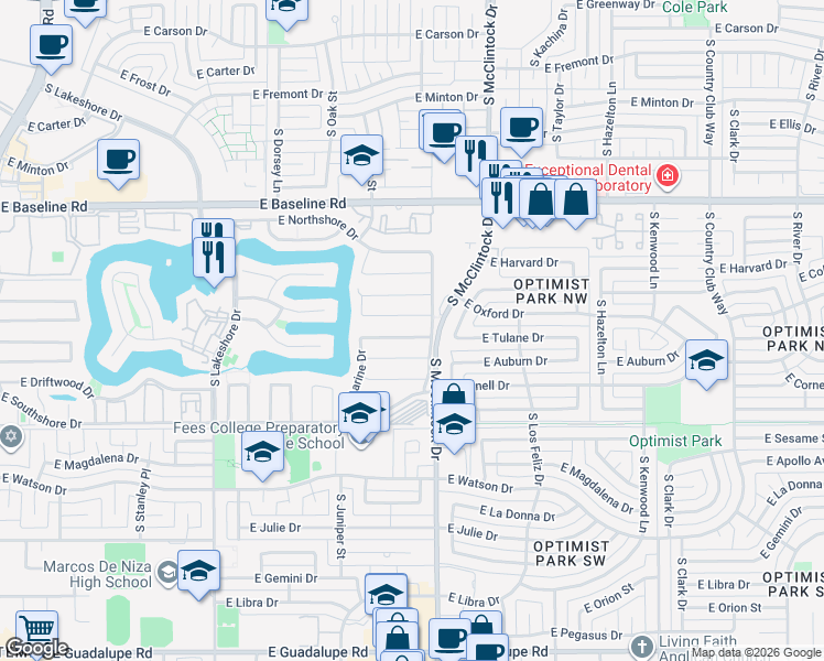 map of restaurants, bars, coffee shops, grocery stores, and more near 1632 East Candlestick Drive in Tempe