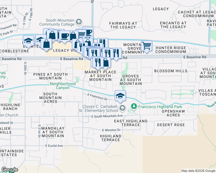 map of restaurants, bars, coffee shops, grocery stores, and more near 2601 East Gary Way in Phoenix