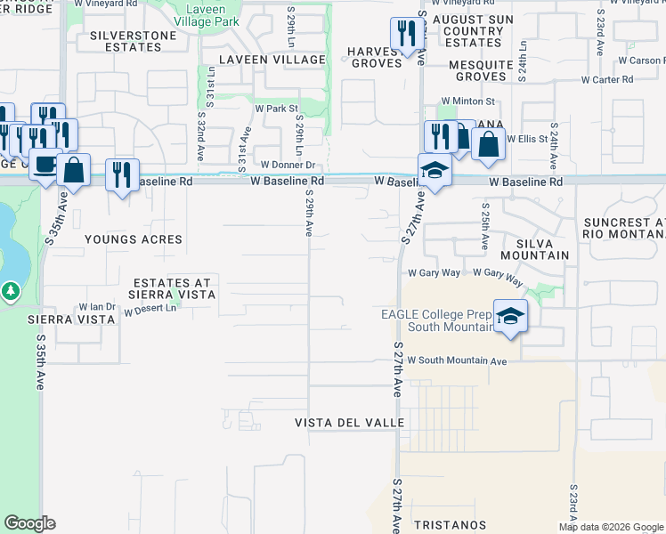 map of restaurants, bars, coffee shops, grocery stores, and more near 2807 West Gary Way in Maricopa County