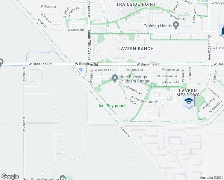 map of restaurants, bars, coffee shops, grocery stores, and more near 7829 South 73rd Lane in Phoenix